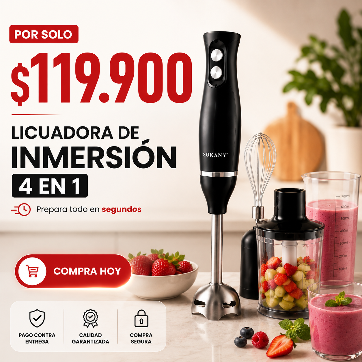 🍴 Todo más fácil en tu cocina con la Licuadora de inmersión 4 en 1
