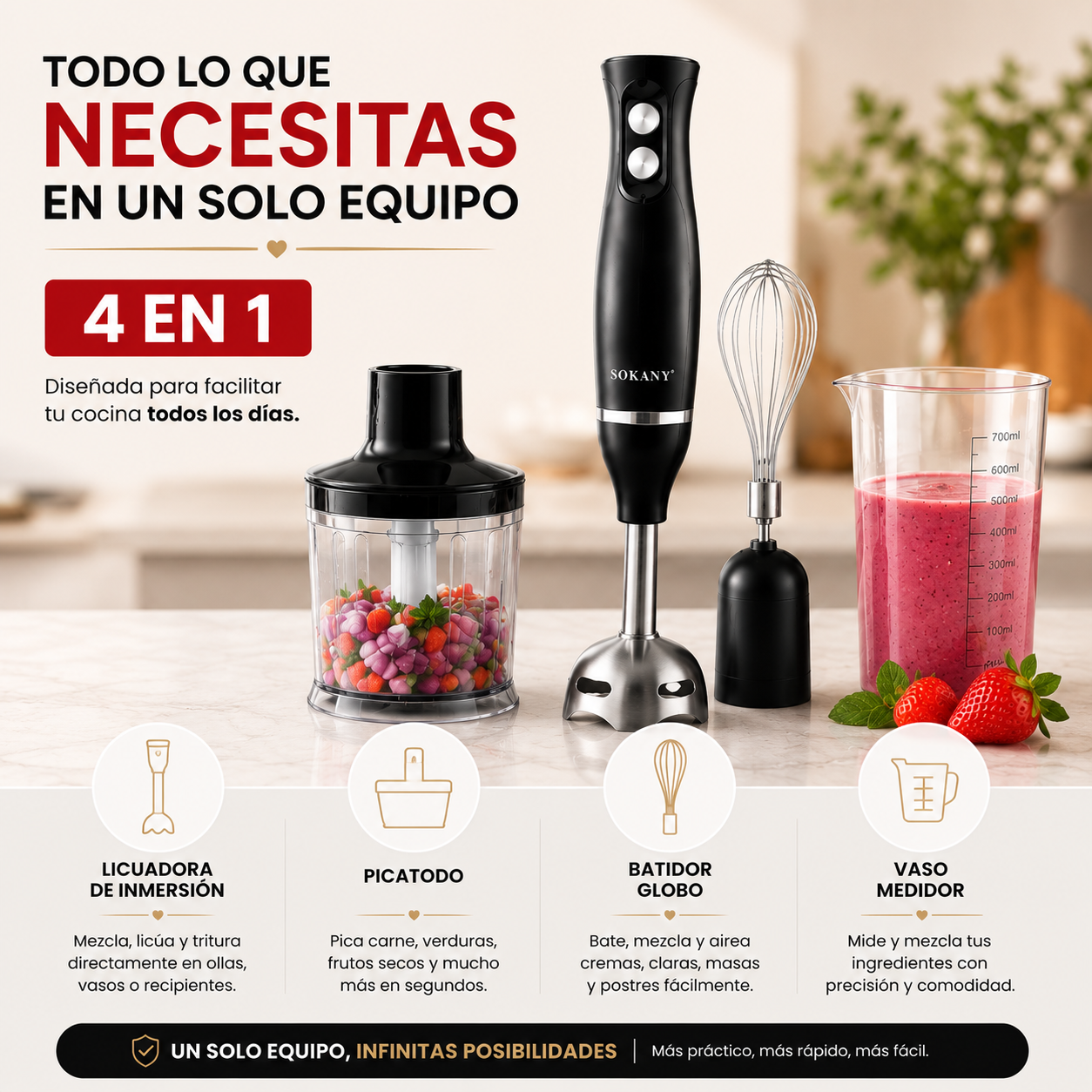 🍴 Todo más fácil en tu cocina con la Licuadora de inmersión 4 en 1