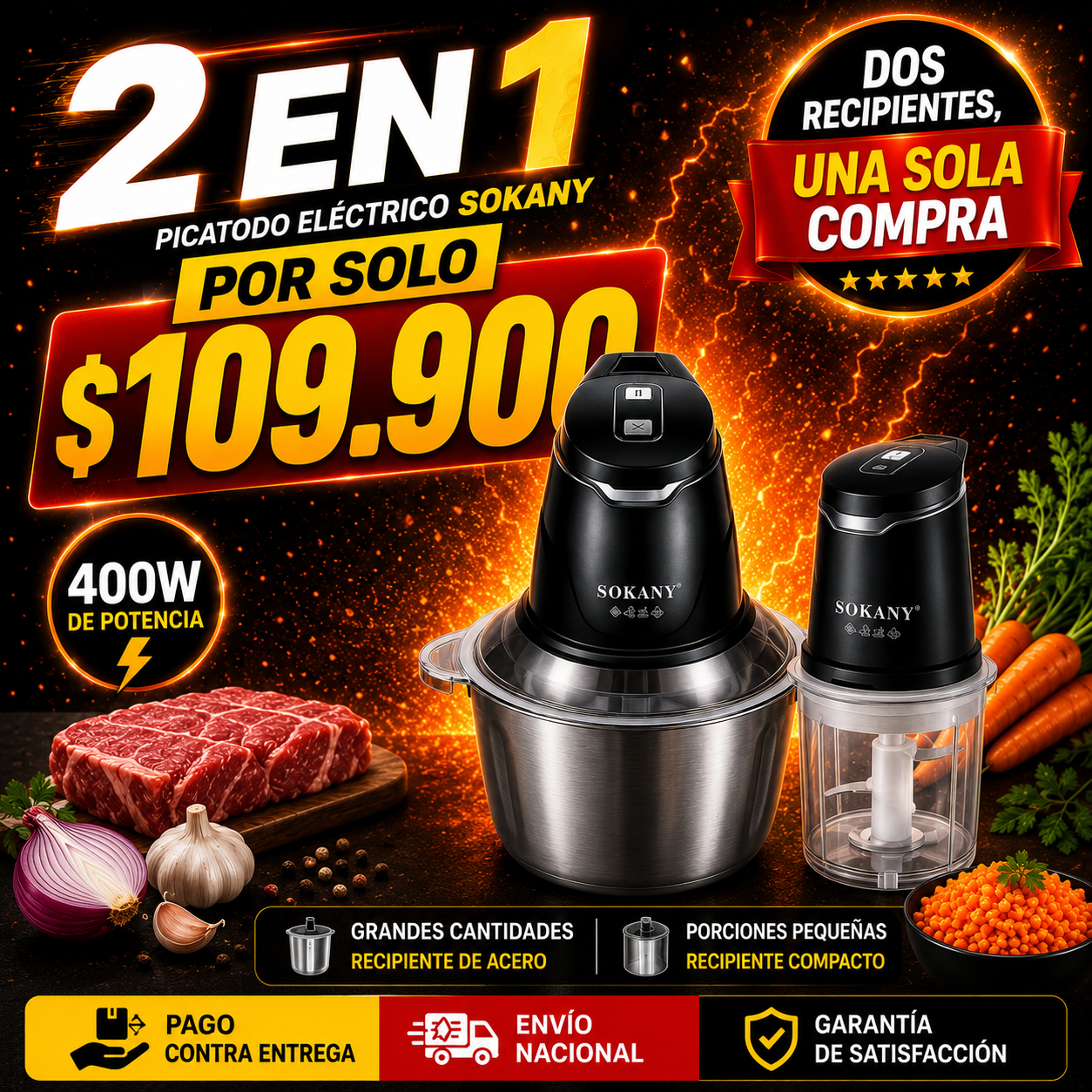 Picadora Eléctrica 2 en 1 Sokany 400W + 2 Bowls