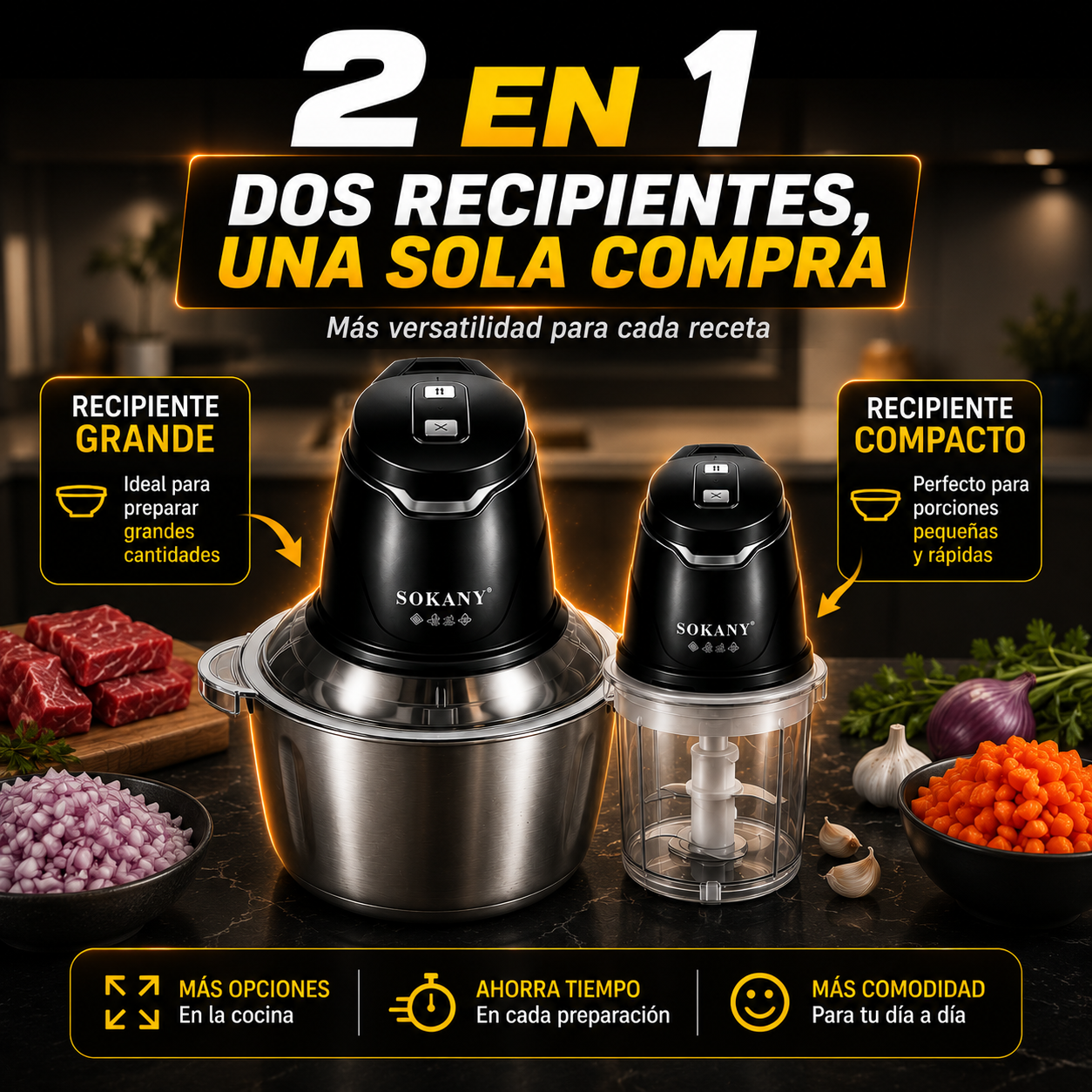 Picadora Eléctrica 2 en 1 Sokany 400W + 2 Bowls