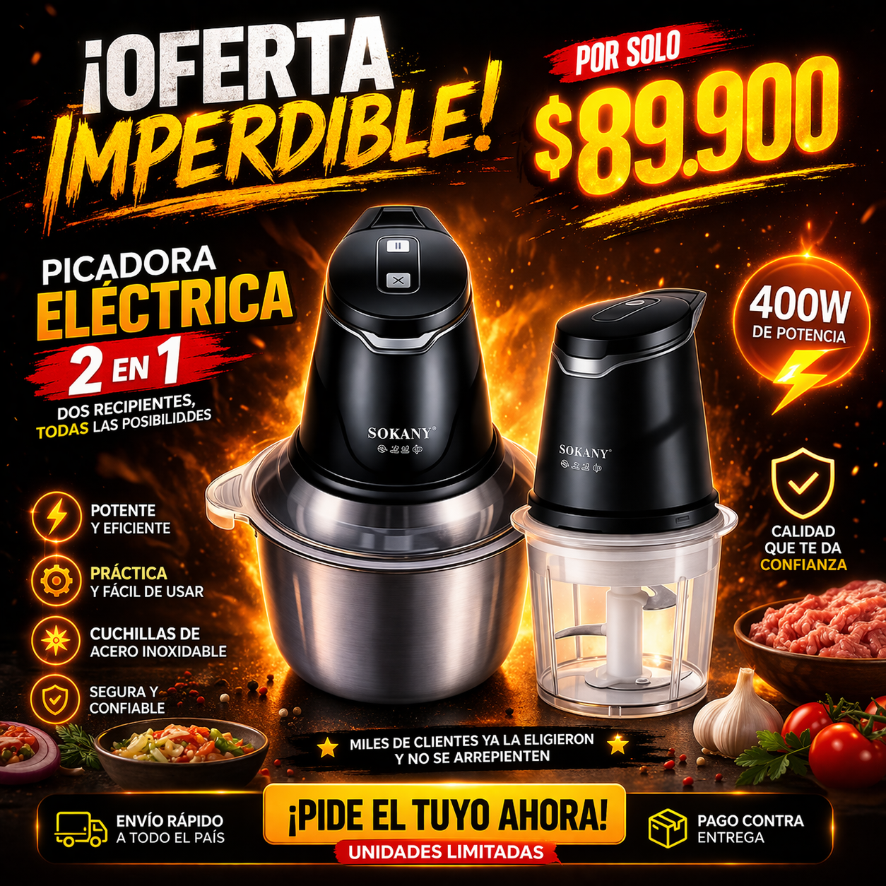 Picadora Eléctrica 2 en 1 Sokany 400W + 2 Bowls