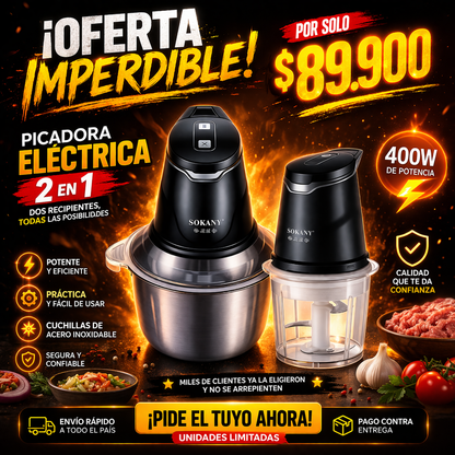 Picadora Eléctrica 2 en 1 Sokany 400W + 2 Bowls