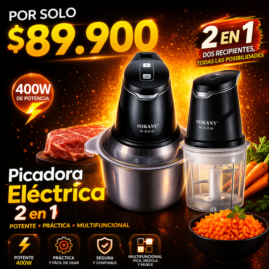 Picadora Eléctrica 2 en 1 Sokany 400W + 2 Bowls